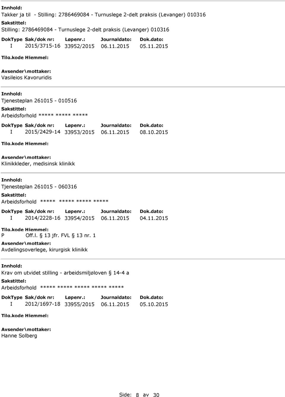 10.2015 Klinikkleder, medisinsk klinikk Tjenesteplan 261015-060316 ***** P 2014/2228-16 33954/2015 Avdelingsoverlege, kirurgisk