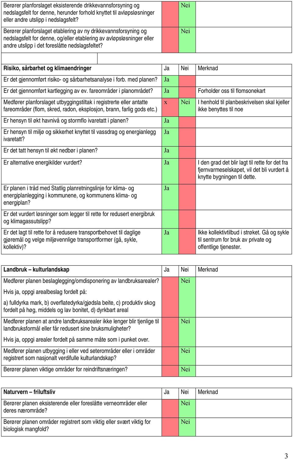 Risiko, sårbarhet og klimaendringer Merknad Er det gjennomført risiko- og sårbarhetsanalyse i forb. med planen? Er det gjennomført kartlegging av ev. fareområder i planområdet?