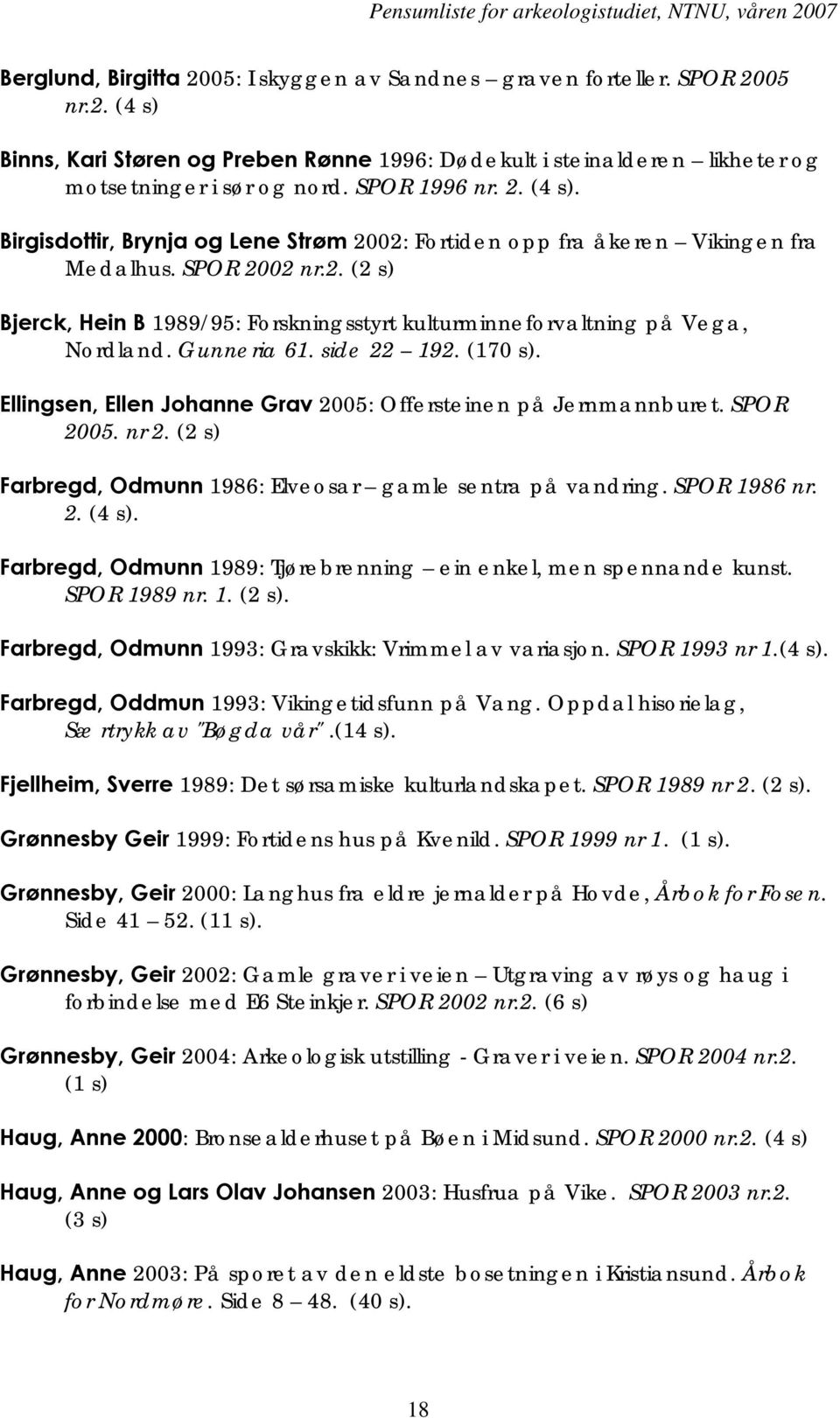 Gunneria 61. side 22 192. (170 s). Ellingsen, Ellen Johanne Grav 2005: Offersteinen på Jernmannburet. SPOR 2005. nr 2. (2 s) Farbregd, Odmunn 1986: Elveosar gamle sentra på vandring. SPOR 1986 nr. 2. (4 s).