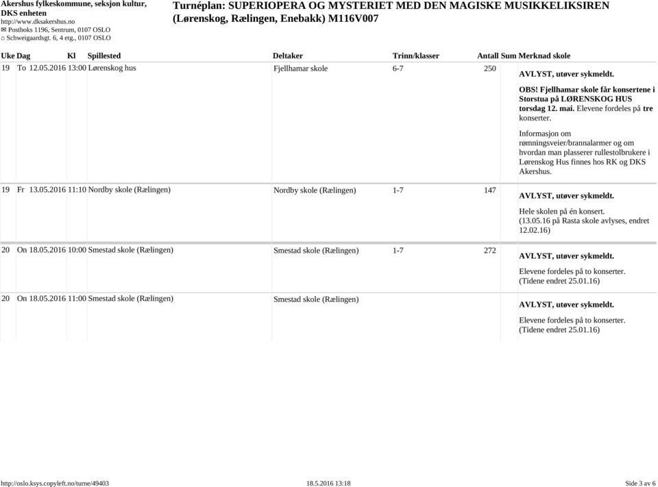 2016 11:10 Nordby skole (Rælingen) Nordby skole (Rælingen) 1-7 147 20 On 18.05.2016 10:00 Smestad skole (Rælingen) Smestad skole (Rælingen) 1-7 272 20 On 18.05.2016 11:00 Smestad skole (Rælingen) Smestad skole (Rælingen) Hele skolen på én konsert.