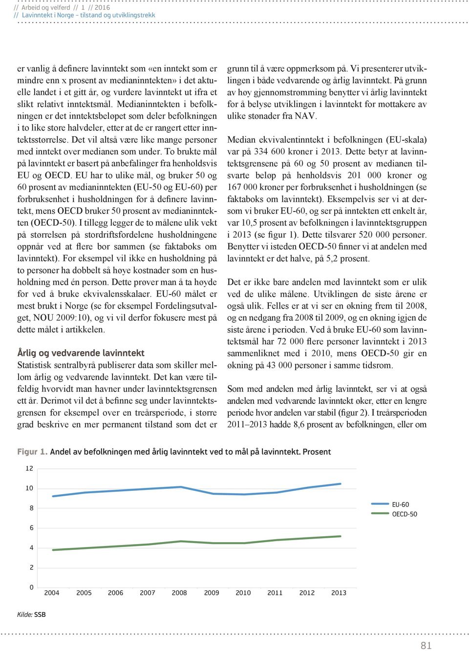 Det vil altså være like mange personer med inntekt over medianen som under. To brukte mål på lavinntekt er basert på anbefalinger fra henholdsvis EU og OECD.