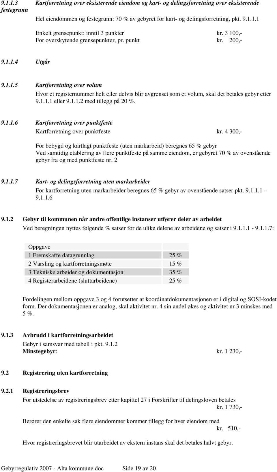 1.1.1 eller 9.1.1.2 med tillegg på 20 %. 9.1.1.6 Kartforretning over punktfeste Kartforretning over punktfeste kr.