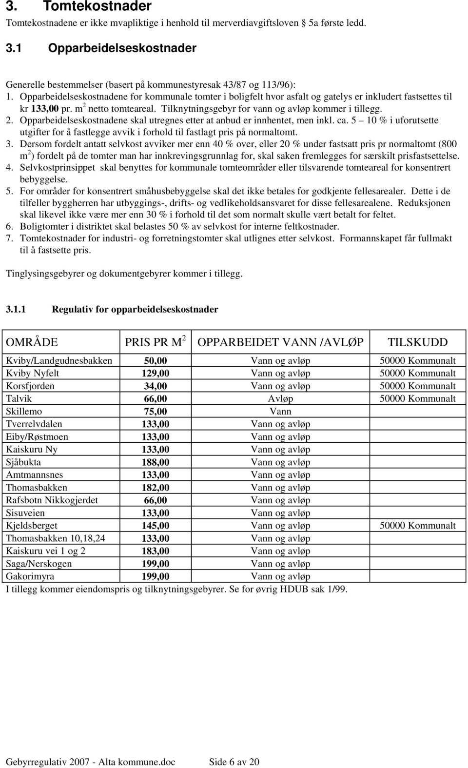 Opparbeidelseskostnadene for kommunale tomter i boligfelt hvor asfalt og gatelys er inkludert fastsettes til kr 133,00 pr. m 2 netto tomteareal. Tilknytningsgebyr for vann og avløp kommer i tillegg.