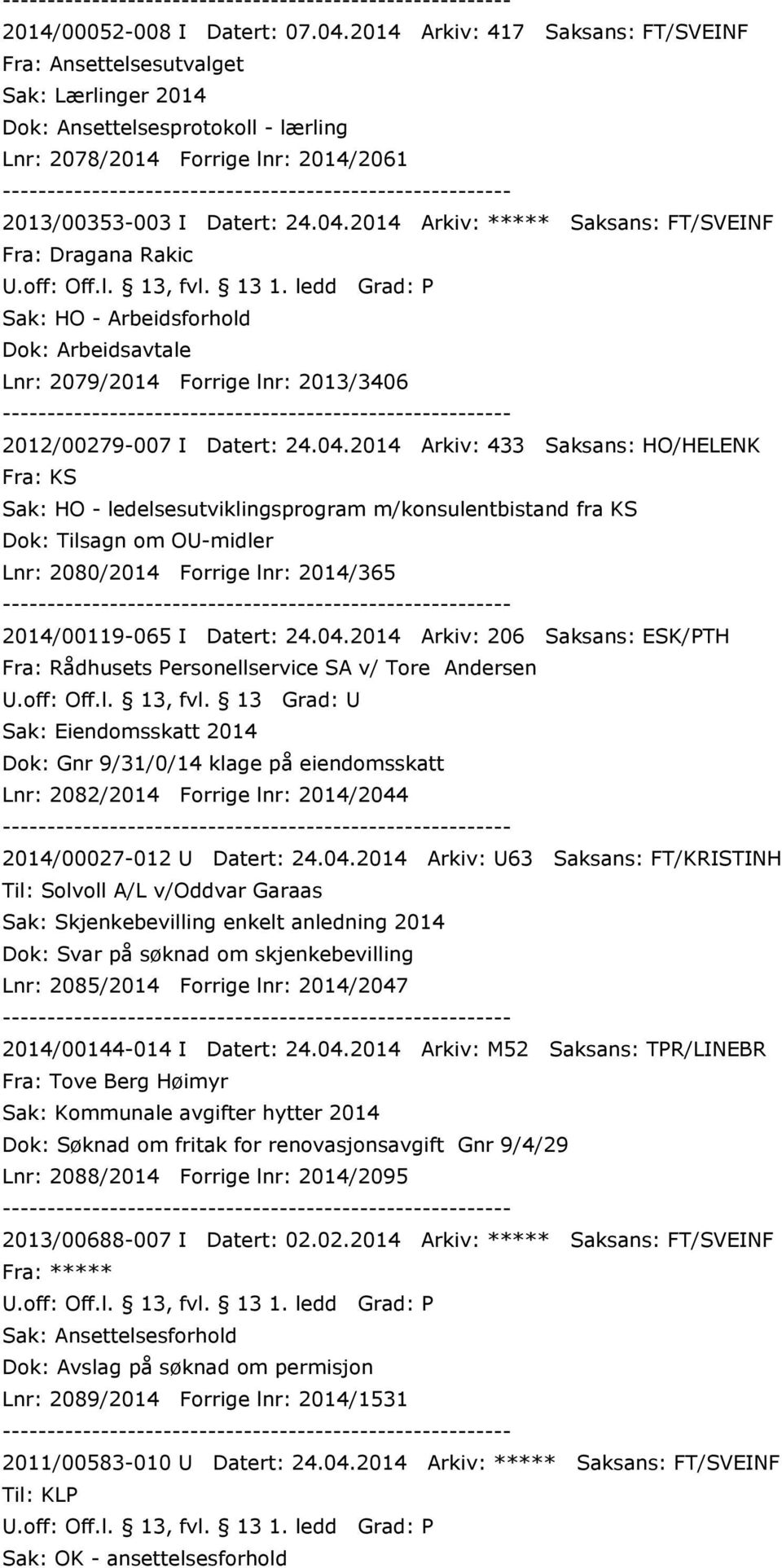 2014 Arkiv: ***** Saksans: FT/SVEINF Fra: Dragana Rakic Sak: HO - Arbeidsforhold Dok: Arbeidsavtale Lnr: 2079/2014 Forrige lnr: 2013/3406 2012/00279-007 I Datert: 24.04.