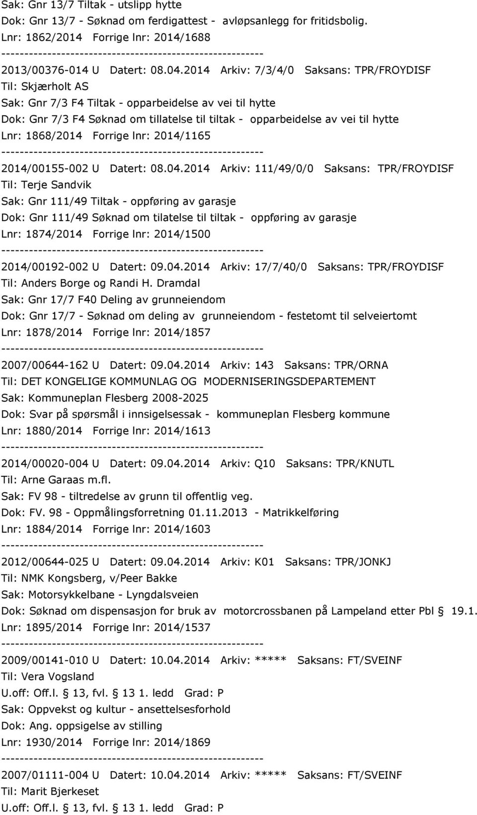 Lnr: 1868/2014 Forrige lnr: 2014/1165 2014/00155-002 U Datert: 08.04.