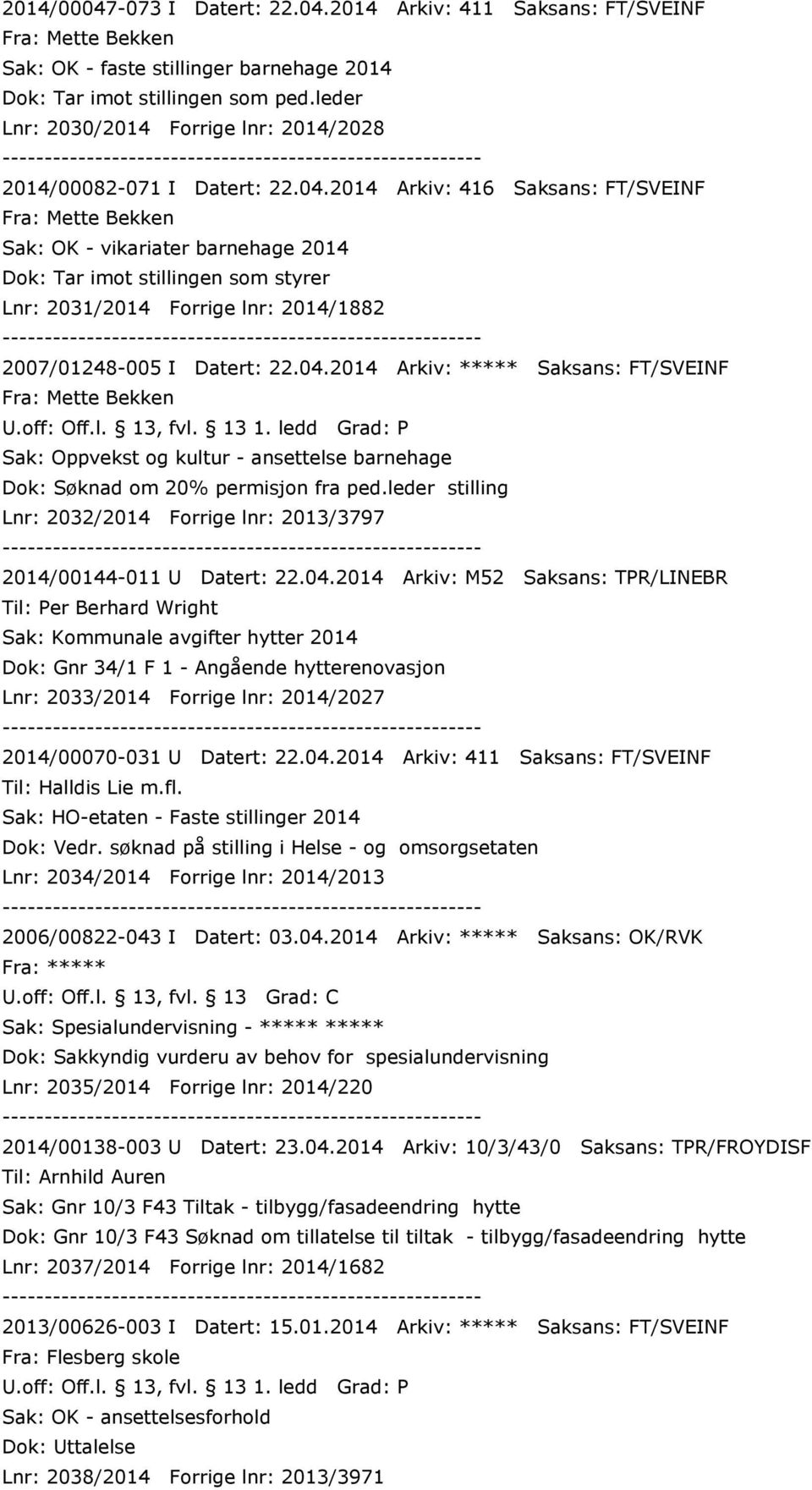 2014 Arkiv: 416 Saksans: FT/SVEINF Fra: Mette Bekken Sak: OK - vikariater barnehage 2014 Dok: Tar imot stillingen som styrer Lnr: 2031/2014 Forrige lnr: 2014/1882 2007/01248-005 I Datert: 22.04.