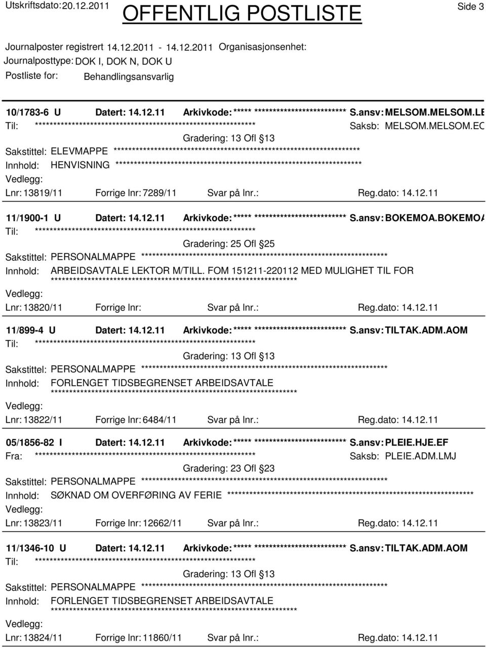 FOM 151211-220112 MED MULIGHET TIL FOR Lnr: 13820/11 Forrige lnr: Svar på lnr.: Reg.dato: 14.12.11 11/899-4 U Datert: 14.12.11 Arkivkode:***** ****************************** S.ansv: TILTAK.ADM.