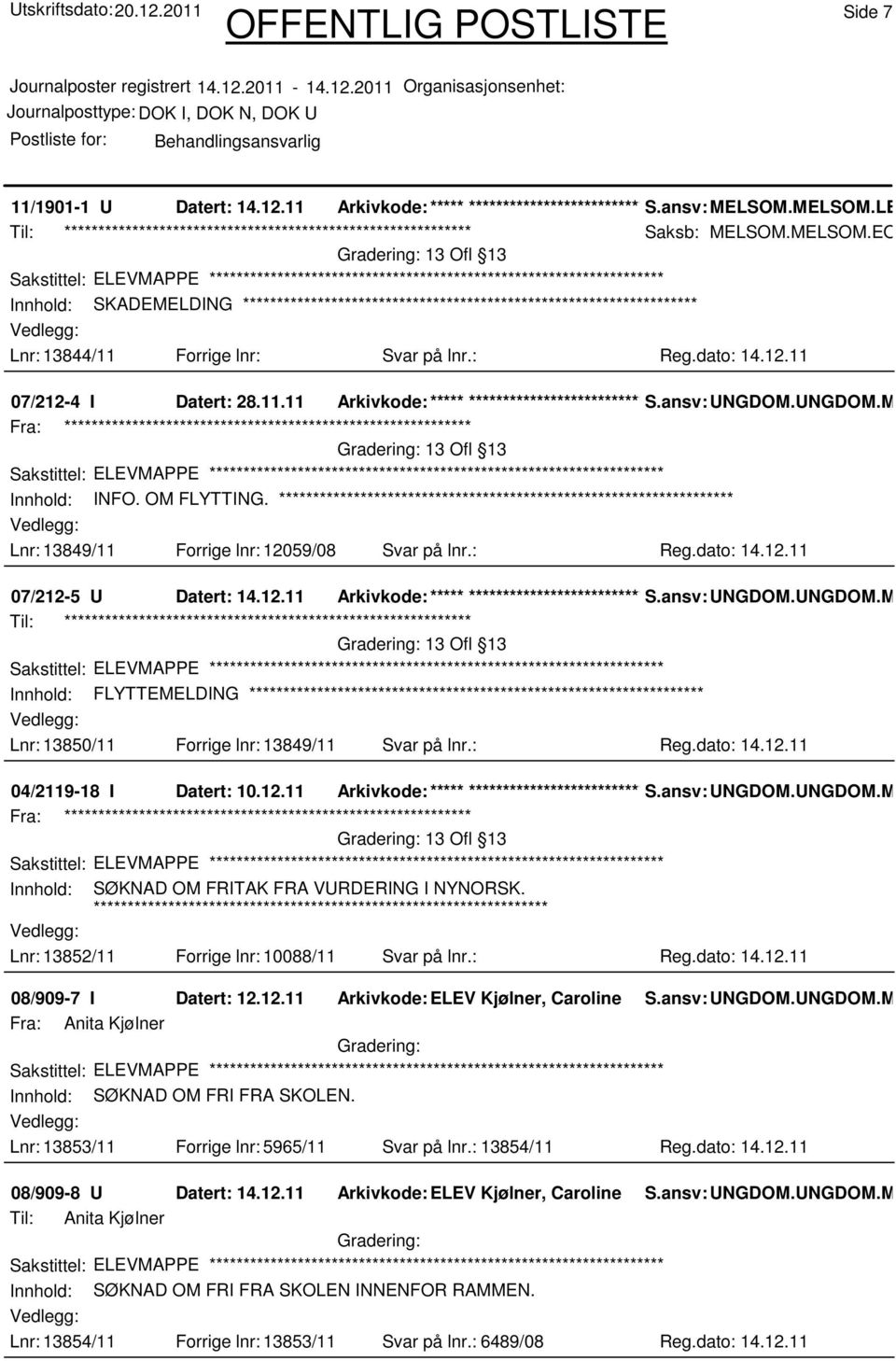 : Reg.dato: 14.12.11 07/212-5 U Datert: 14.12.11 Arkivkode:***** ****************************** S.ansv: UNGDOM.UNGDOM.MAT Innhold: FLYTTEMELDING Lnr: 13850/11 Forrige lnr: 13849/11 Svar på lnr.: Reg.dato: 14.12.11 04/2119-18 I Datert: 10.