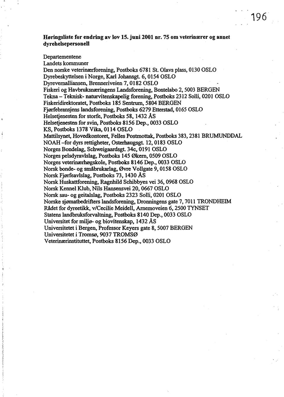 6, 0154 OSLO Dyrevemalliansen, Brenneriveien 7,0182 OSLO Fiskeri og Havbruksnæringens Landsforening, Bontelabo 2, 5003 BERGEN Tekna - Teknisk- naturvitenskapelig forening, Postboks 2312 Solli, 0201