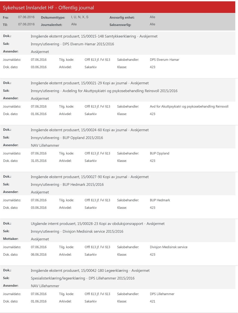 2016 Arkivdel: Sakarkiv Inngående eksternt produsert, 15/00024-60 Kopi av journal - Innsyn/utlevering - BP Oppland 2015/2016 NAV Lillehammer BP Oppland Dok. dato: 31.05.