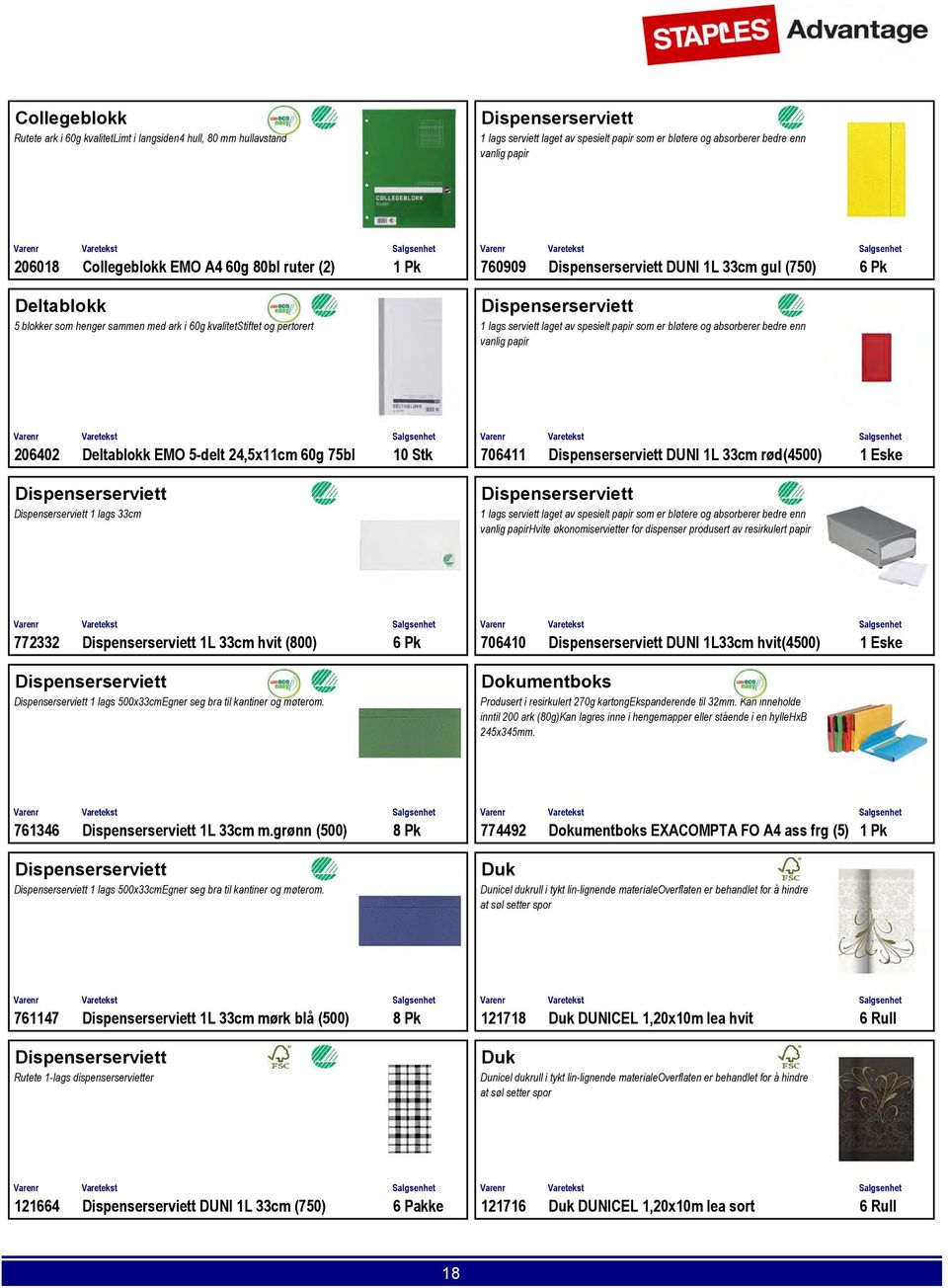 lags serviett laget av spesielt papir som er bløtere og absorberer bedre enn vanlig papir 206402 Deltablokk EMO 5-delt 24,5x11cm 60g 75bl 10 Stk 706411 Dispenserserviett DUNI 1L 33cm rød(4500) 1 Eske