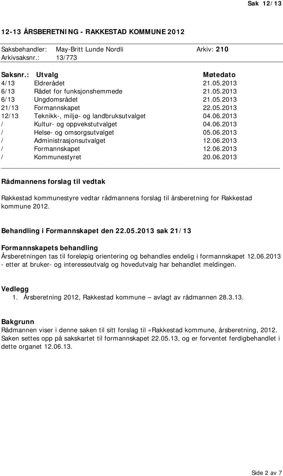 06.2013 / Administrasjonsutvalget 12.06.2013 / Formannskapet 12.06.2013 / Kommunestyret 20.06.2013 Rådmannens forslag til vedtak Rakkestad kommunestyre vedtar rådmannens forslag til årsberetning for Rakkestad kommune 2012.