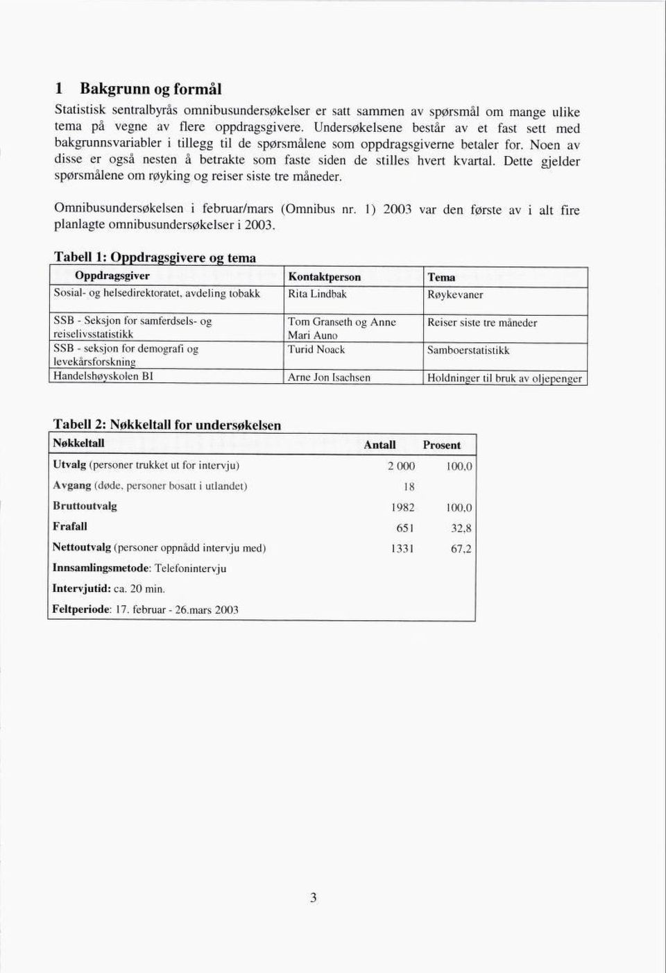 Noen av disse er også nesten å betrakte som faste siden de stilles hvert kvartal. Dette gjelder spørsmålene om røyking og reiser siste tre måneder. Omnibusundersøkelsen i februar/mars (Omnibus nr.