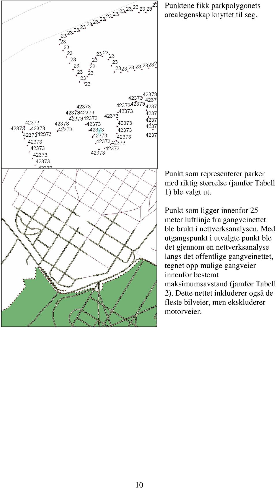 Punkt som ligger innenfor 25 meter luftlinje fra gangveinettet ble brukt i nettverksanalysen.