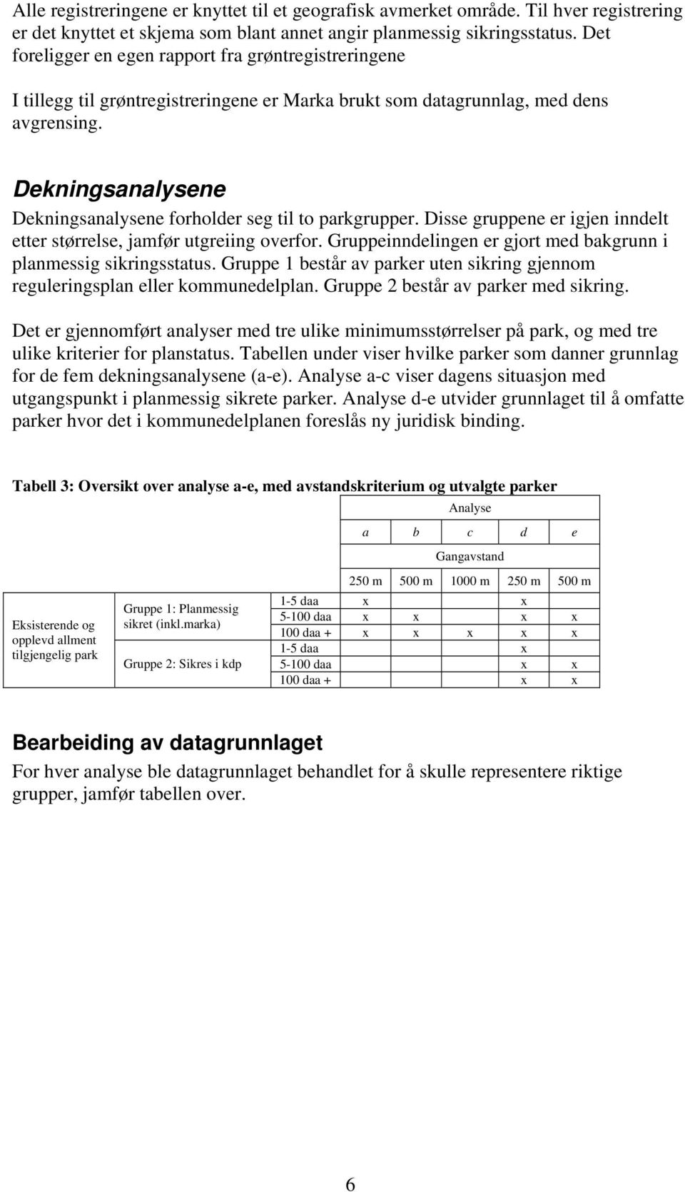 Dekningsanalysene Dekningsanalysene forholder seg til to parkgrupper. Disse gruppene er igjen inndelt etter størrelse, jamfør utgreiing overfor.