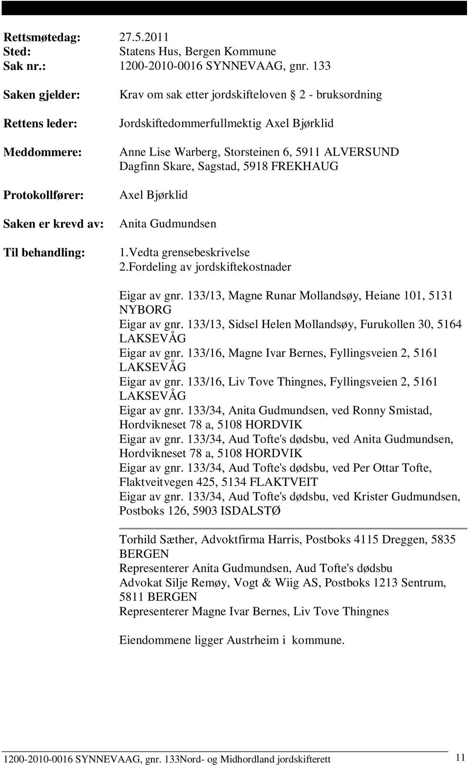 Warberg, Storsteinen 6, 5911 ALVERSUND Dagfinn Skare, Sagstad, 5918 FREKHAUG Axel Bjørklid Anita Gudmundsen 1.Vedta grensebeskrivelse 2.Fordeling av jordskiftekostnader Eigar av gnr.