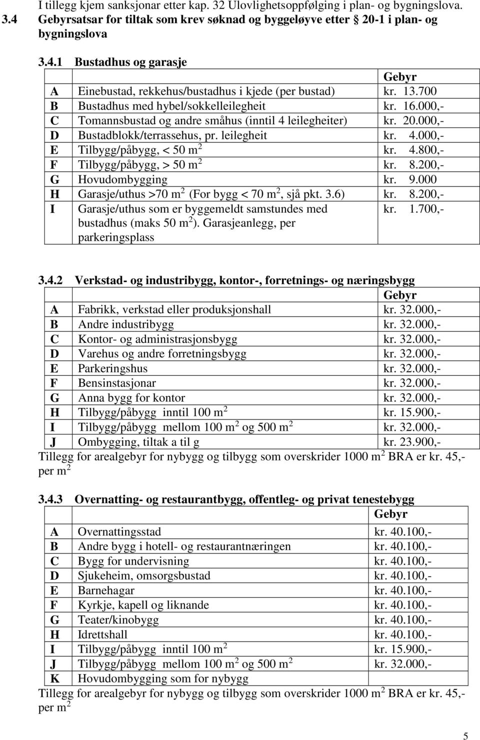4.800,- F Tilbygg/påbygg, > 50 m 2 kr. 8.200,- G Hovudombygging kr. 9.000 H Garasje/uthus >70 m 2 (For bygg < 70 m 2, sjå pkt. 3.6) kr. 8.200,- I Garasje/uthus som er byggemeldt samstundes med bustadhus (maks 50 m 2 ).