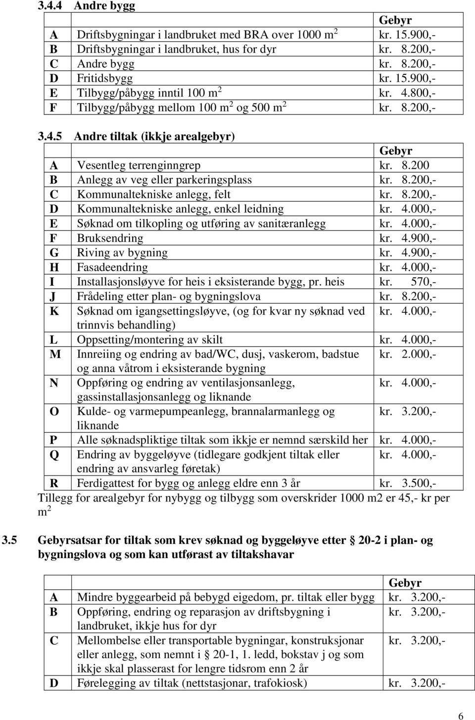 8.200,- D Kommunaltekniske anlegg, enkel leidning kr. 4.000,- E Søknad om tilkopling og utføring av sanitæranlegg kr. 4.000,- F Bruksendring kr. 4.900,- G Riving av bygning kr. 4.900,- H Fasadeendring kr.