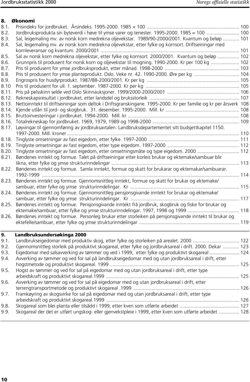 Driftseiningar med kornleveransar og kvantum. 2000/2001... 101 8.5. Sal av norsk korn medrekna oljevekstar, etter fylke og kornsort. 2000/2001. Kvantum og beløp... 102 8.6.