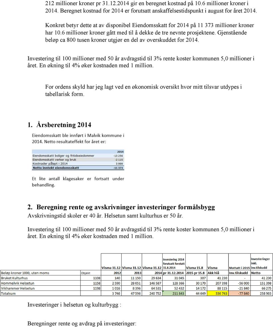 Gjenstående beløp ca 800 tusen kroner utgjør en del av overskuddet for 2014. Investering til 100 millioner med 50 år avdragstid til 3% rente koster kommunen 5,0 millioner i året.