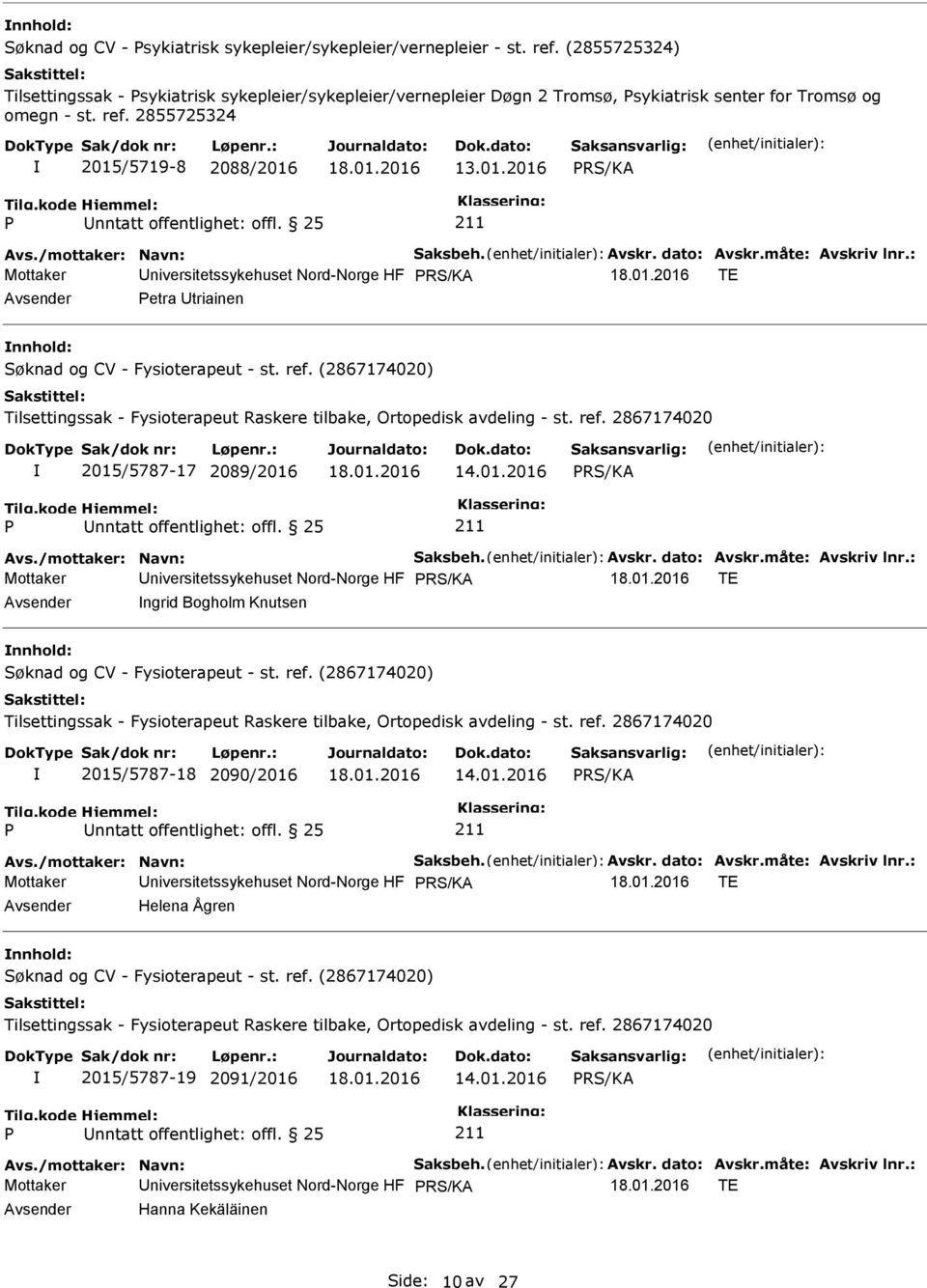 /mottaker: Navn: Saksbeh. Avskr. dato: Avskr.måte: Avskriv lnr.: Mottaker niversitetssykehuset Nord-Norge HF TE etra triainen nnhold: 2015/5787-17 2089/2016 14.01.2016 Avs./mottaker: Navn: Saksbeh. Avskr. dato: Avskr.måte: Avskriv lnr.: Mottaker niversitetssykehuset Nord-Norge HF TE ngrid Bogholm Knutsen nnhold: 2015/5787-18 2090/2016 14.