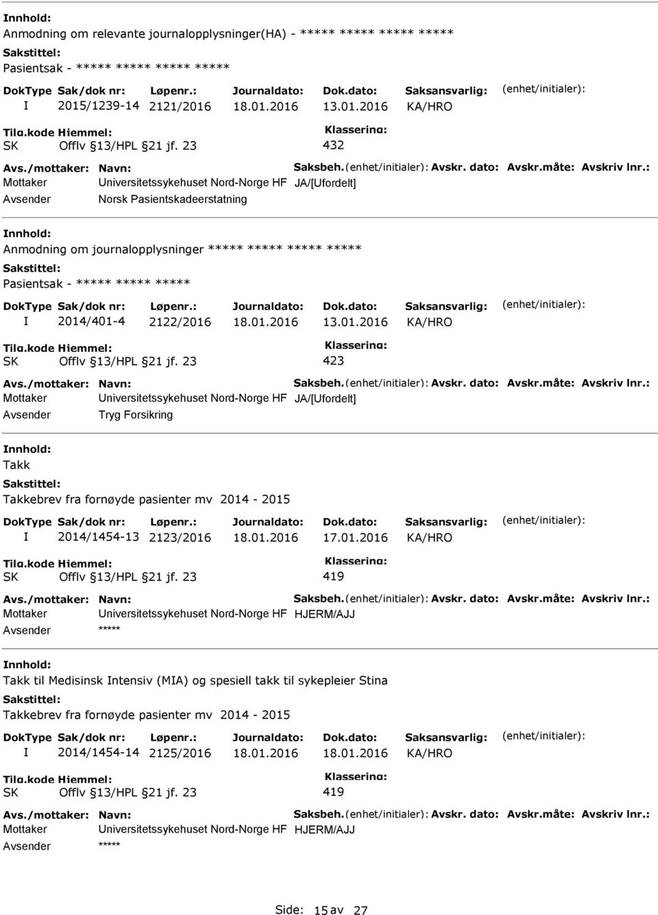 : Mottaker niversitetssykehuset Nord-Norge HF JA/[fordelt] Norsk asientskadeerstatning nnhold: Anmodning om journalopplysninger ***** ***** ***** ***** asientsak - ***** ***** ***** 2014/401-4