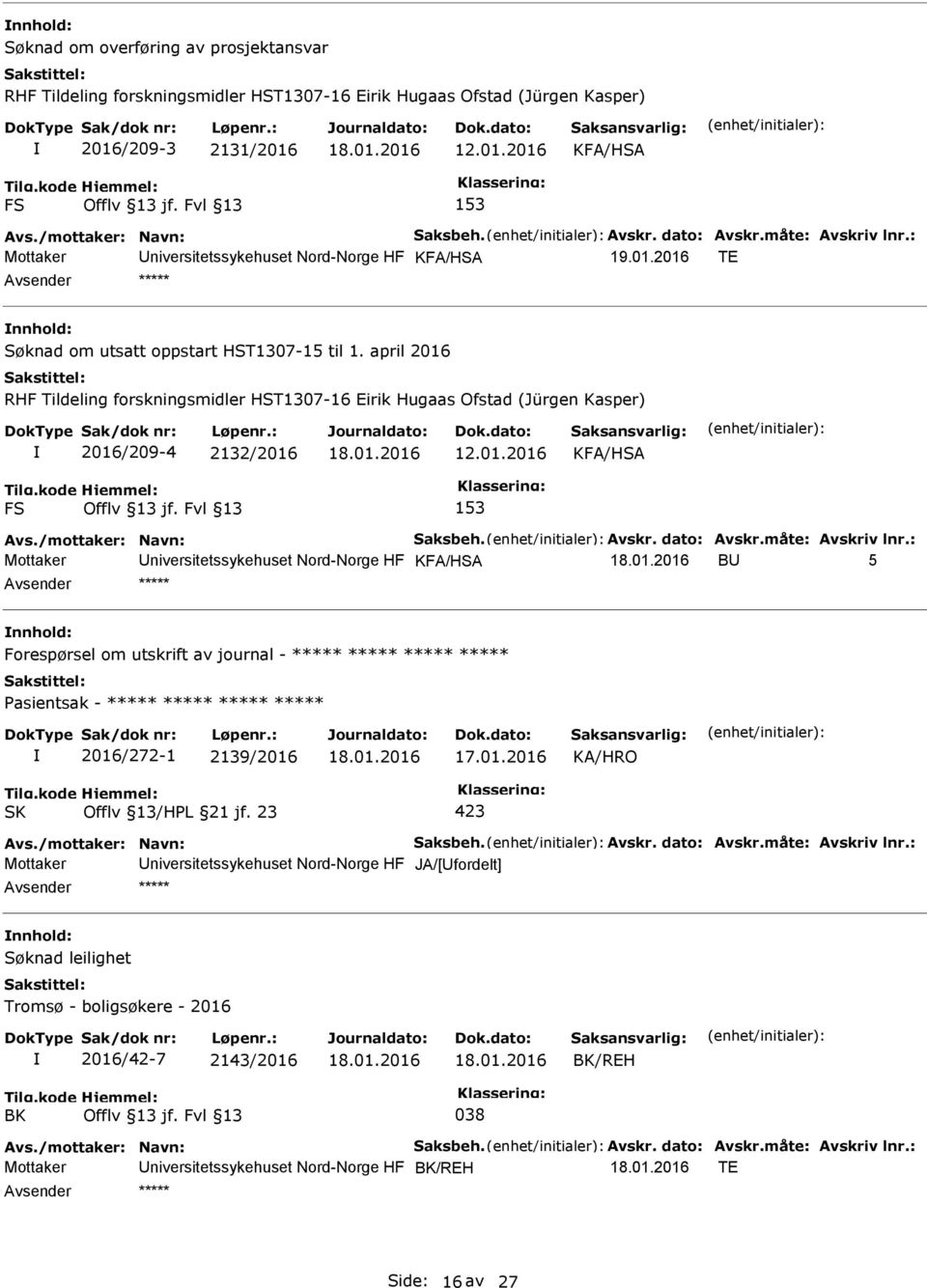april 2016 RHF Tildeling forskningsmidler HST1307-16 Eirik Hugaas Ofstad (Jürgen Kasper) 2016/209-4 2132/2016 12.01.2016 KFA/HSA FS 153 Avs./mottaker: Navn: Saksbeh. Avskr. dato: Avskr.