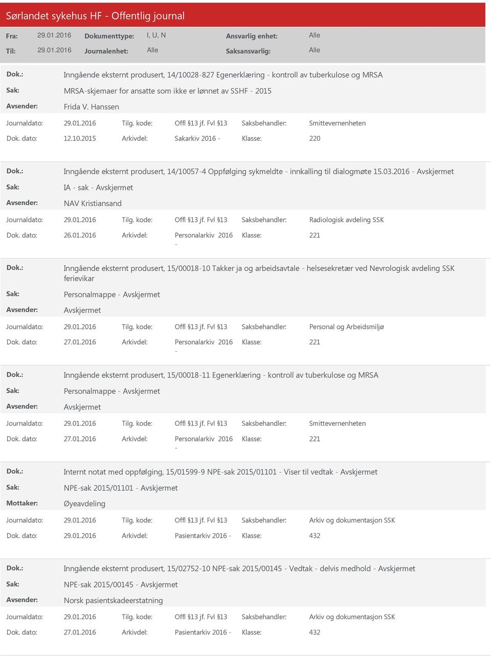 2016 IA sak NAV Kristiansand Radiologisk avdeling SSK Dok. dato: 26.01.2016 Arkivdel: Personalarkiv 2016 Klasse: Inngående eksternt produsert, 15/0001810 Takker ja og arbeidsavtale helsesekretær ved Nevrologisk avdeling SSK ferievikar Personalmappe Dok.