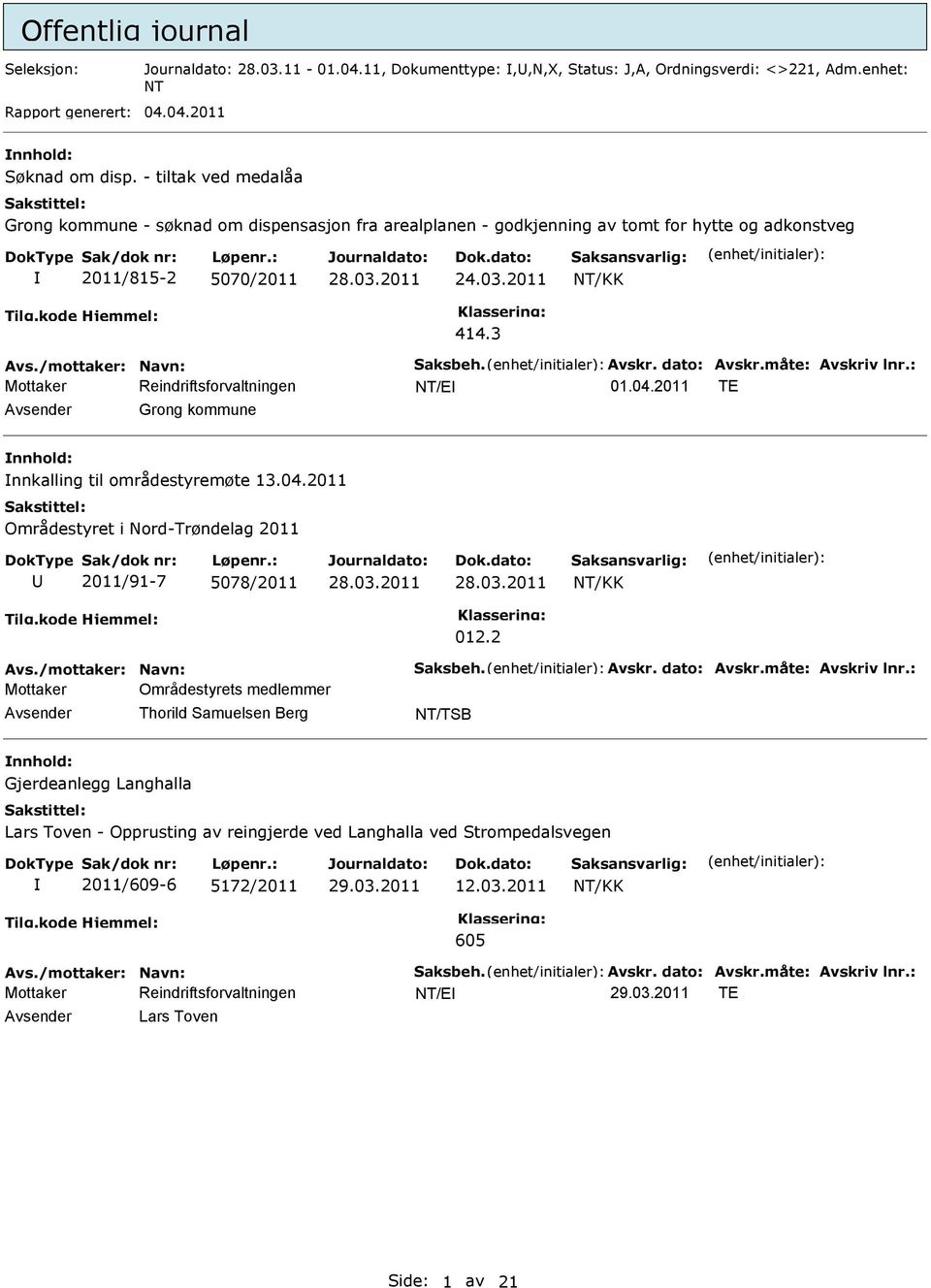 2011 TE Avsender Grong kommune nnhold: nnkalling til områdestyremøte 13.04.2011 Områdestyret i Nord-Trøndelag 2011 U 2011/91-7 5078/2011 012.