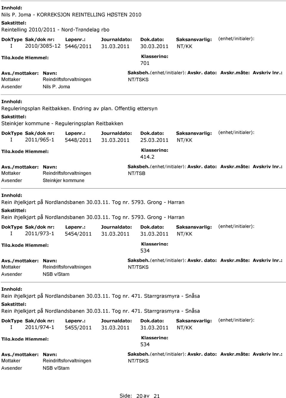 2 NT/TSB Avsender Steinkjer kommune nnhold: Rein ihjelkjørt på Nordlandsbanen 30.03.11. Tog nr. 5793.