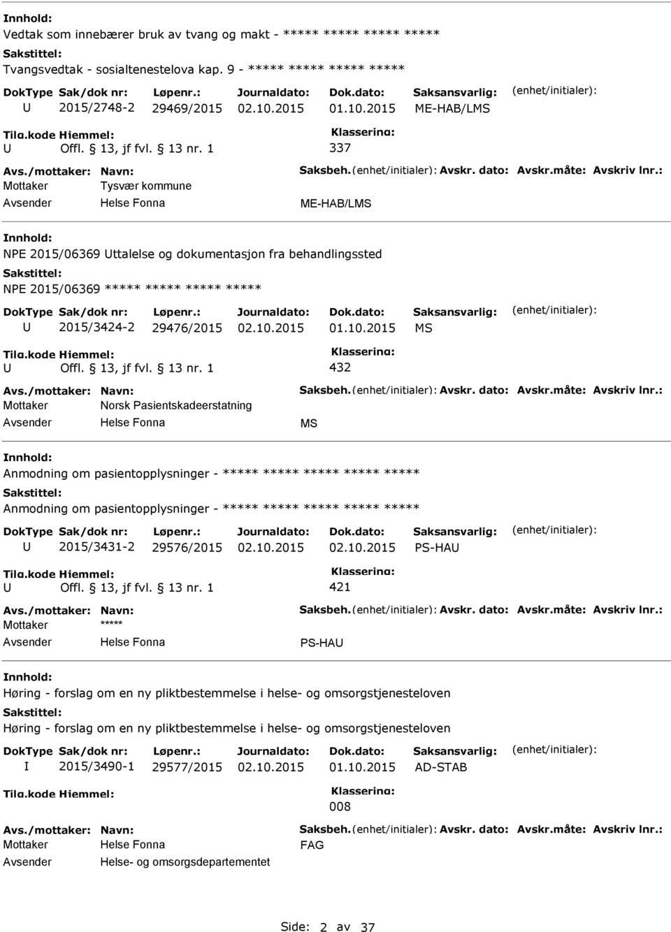 : Mottaker Tysvær kommune ME-HAB/LMS NE 2015/06369 ttalelse og dokumentasjon fra behandlingssted NE 2015/06369 ***** ***** ***** ***** 2015/3424-2 29476/2015 01.10.2015 MS 432 Avs.