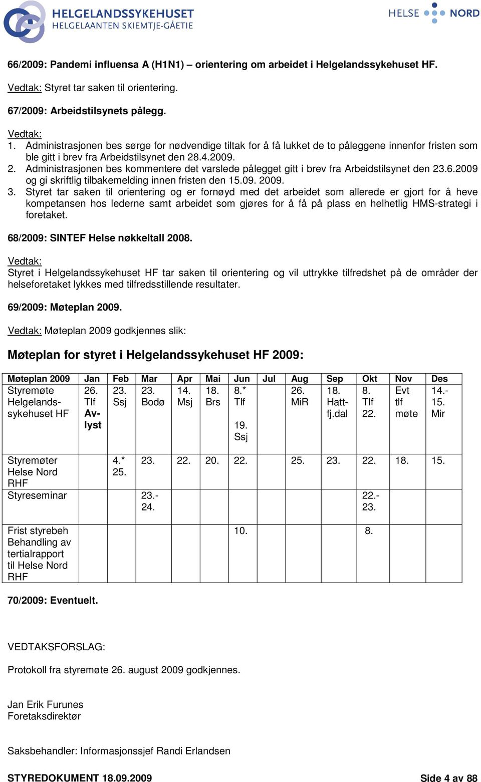 .4.29. 2. Administrasjonen bes kommentere det varslede pålegget gitt i brev fra Arbeidstilsynet den 23.6.29 og gi skriftlig tilbakemelding innen fristen den 15.9. 29. 3.