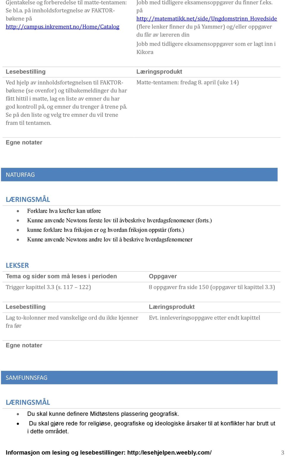 innholdsfortegnelsen til FAKTORbøkene (se ovenfor) og tilbakemeldinger du har fa tt hittil i matte, lag en liste av emner du har god kontroll pa, og emner du trenger a trene pa.