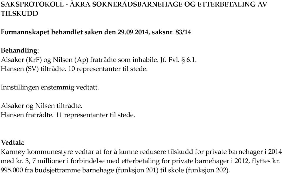 Innstillingen enstemmig vedtatt. Alsaker og Nilsen tiltrådte. Hansen fratrådte. 11 representanter til stede.