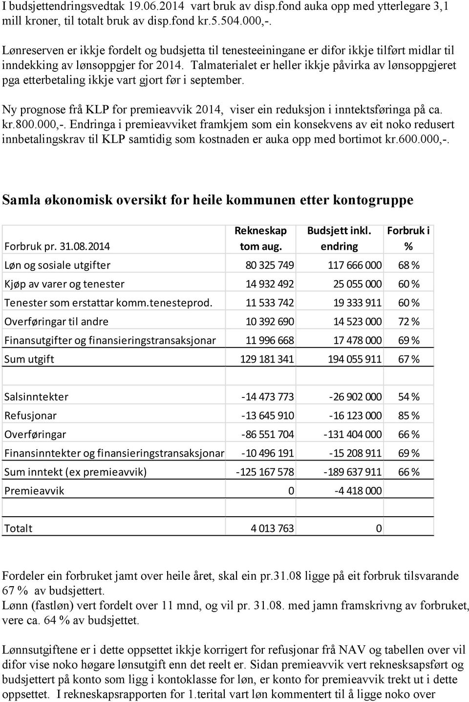 Talmaterialet er heller ikkje påvirka av lønsoppgjeret pga etterbetaling ikkje vart gjort før i september. Ny prognose frå KLP for premieavvik 2014, viser ein reduksjon i inntektsføringa på ca. kr.