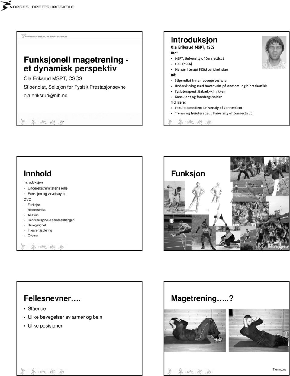 på anatomi og biomekanikk Fysioterapeut Stabæk-klinikken Konsulent og foredragsholder Tidligere: Fakultetsmedlem Universtiy of Connecticut Trener og fysioterapeut University of