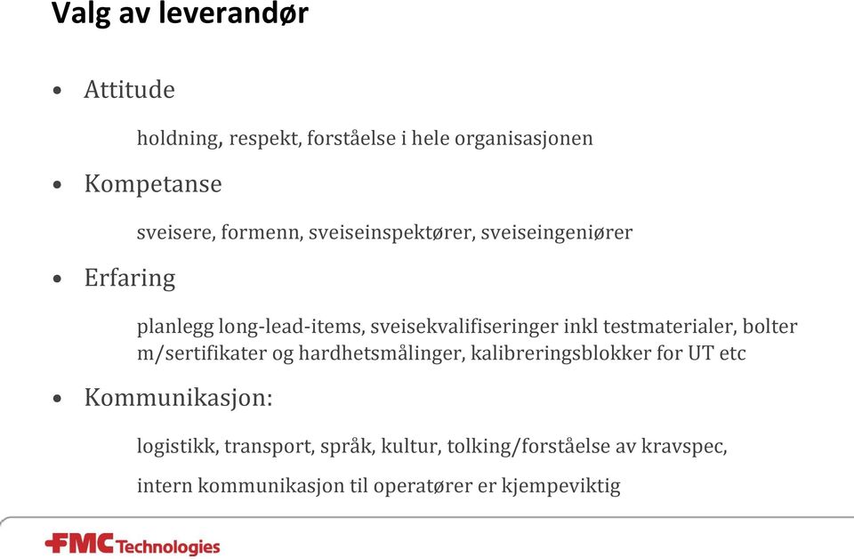 testmaterialer, bolter m/sertifikater og hardhetsmålinger, kalibreringsblokker for UT etc Kommunikasjon: