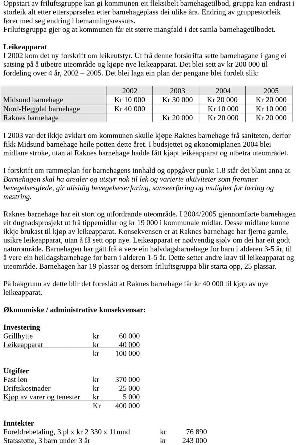 Leikeapparat I 2002 kom det ny forskrift om leikeutstyr. Ut frå denne forskrifta sette barnehagane i gang ei satsing på å utbetre uteområde og kjøpe nye leikeapparat.