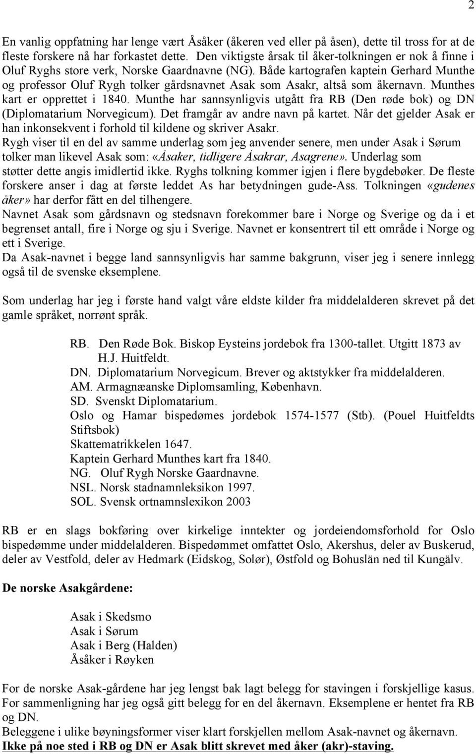 Både kartografen kaptein Gerhard Munthe og professor Oluf Rygh tolker gårdsnavnet Asak som Asakr, altså som åkernavn. Munthes kart er opprettet i 1840.