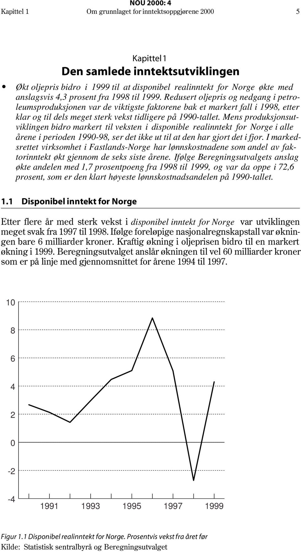 Mens produksjonsutviklingen bidro markert til veksten i disponible realinntekt for Norge i alle årene i perioden 1990-98, ser det ikke ut til at den har gjort det i fjor.