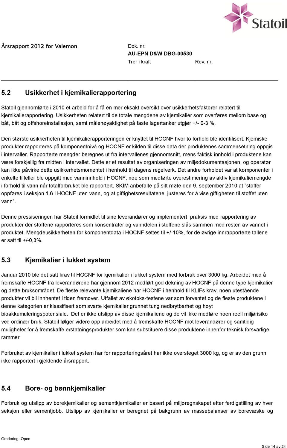 Den største usikkerheten til kjemikalierapporteringen er knyttet til HOCNF hvor to forhold ble identifisert.