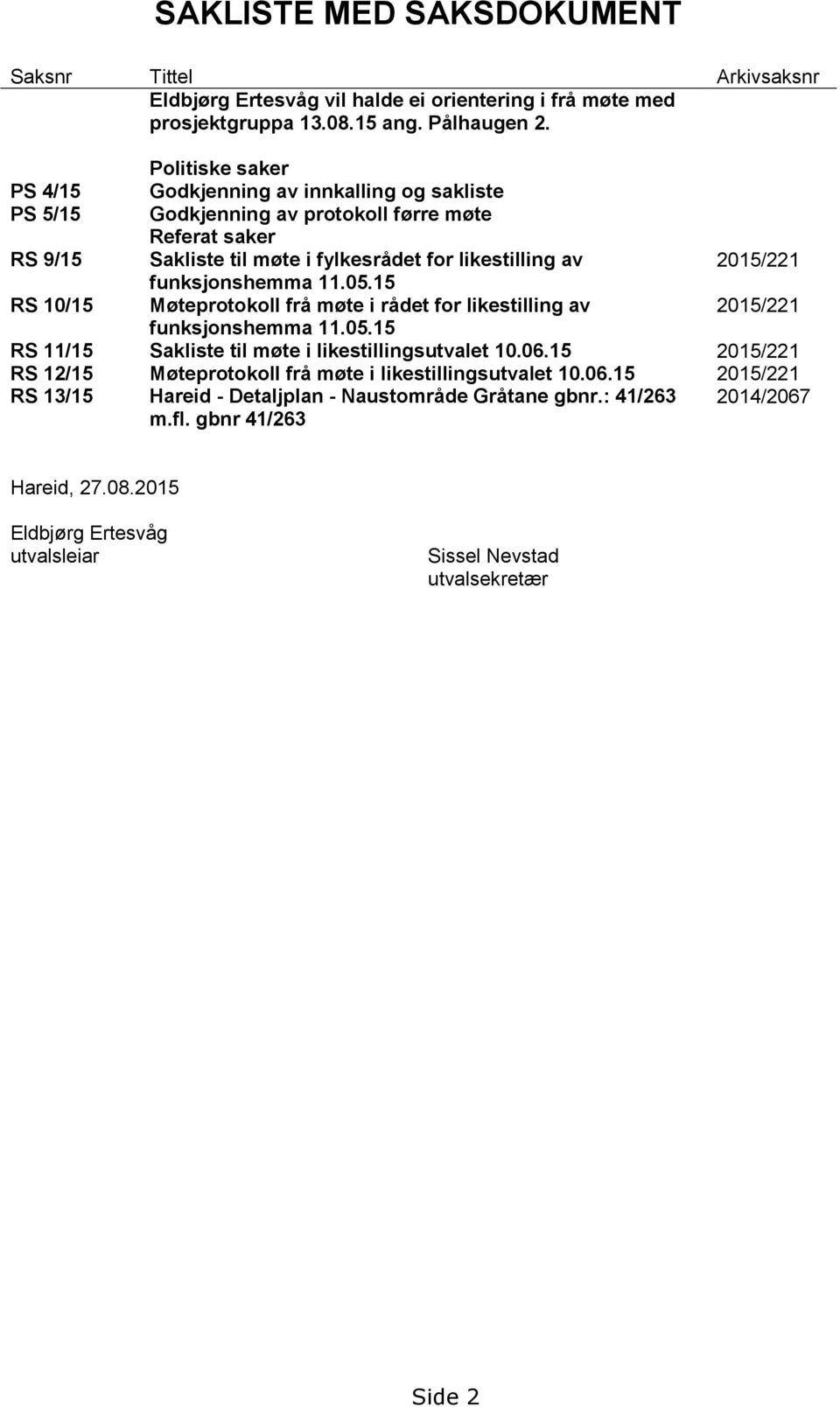 funksjonshemma 11.05.15 RS 10/15 Møteprotokoll frå møte i rådet for likestilling av 2015/221 funksjonshemma 11.05.15 RS 11/15 Sakliste til møte i likestillingsutvalet 10.06.