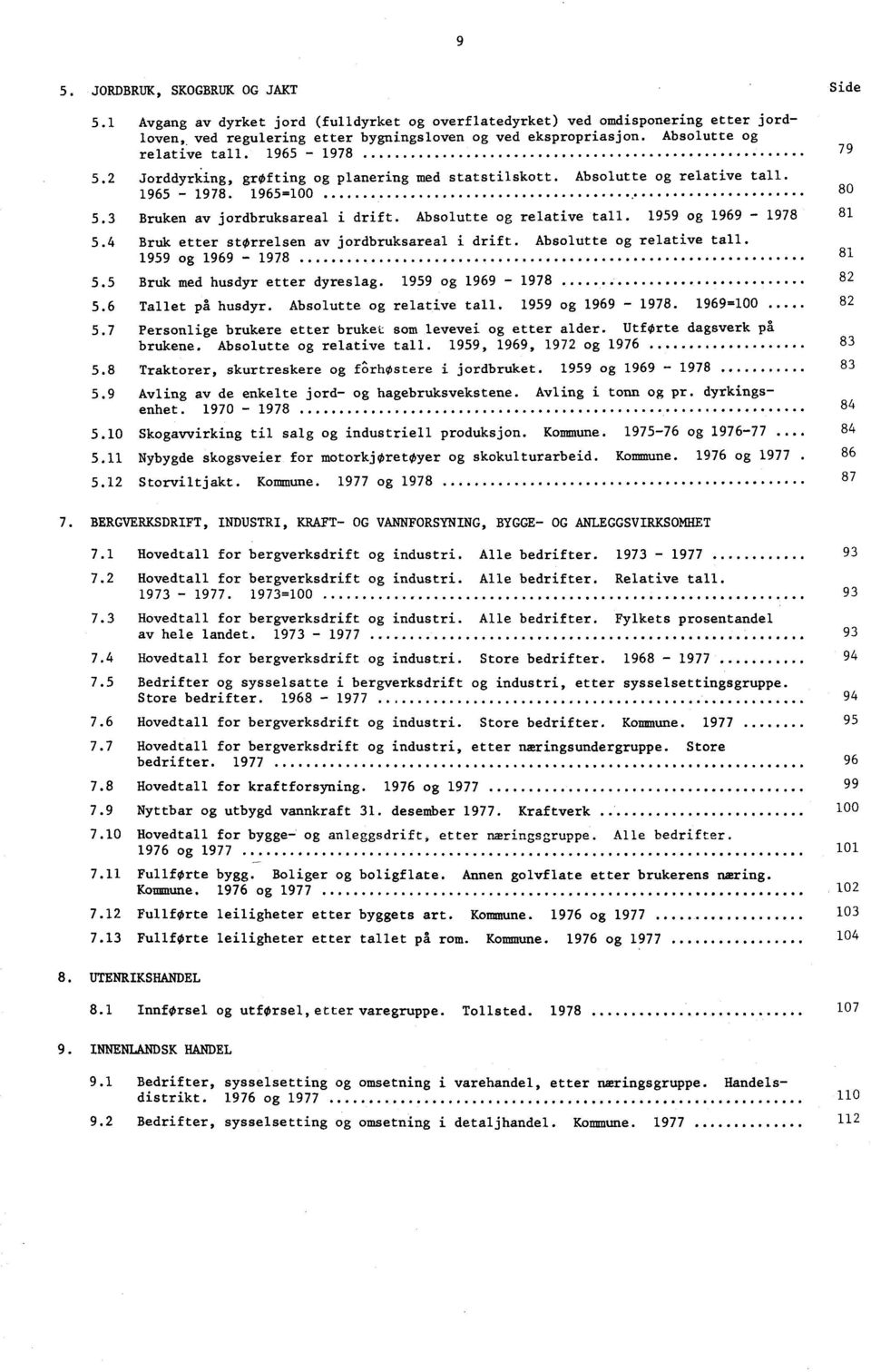 Absolutte og relative tall. 1959 og 1969-1978 5.4 Bruk etter størrelsen av jordbruksareal i drift. Absolutte og relative tall. 1959 og 1969-1978 5.5 Bruk med husdyr etter dyreslag.