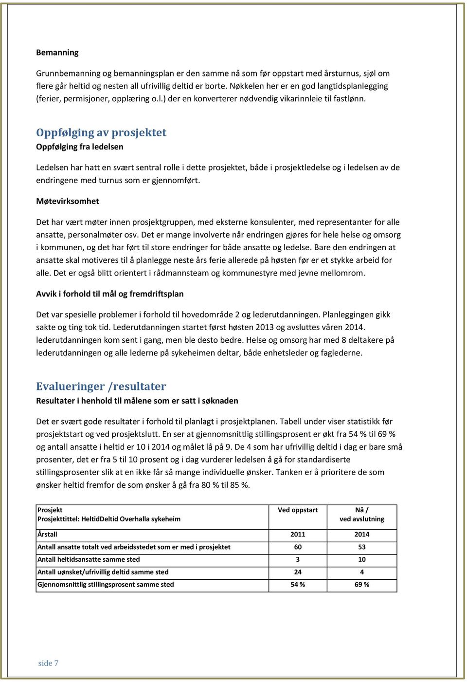 Oppfølging av prosjektet Oppfølging fra ledelsen Ledelsen har hatt en svært sentral rolle i dette prosjektet, både i prosjektledelse og i ledelsen av de endringene med turnus som er gjennomført.