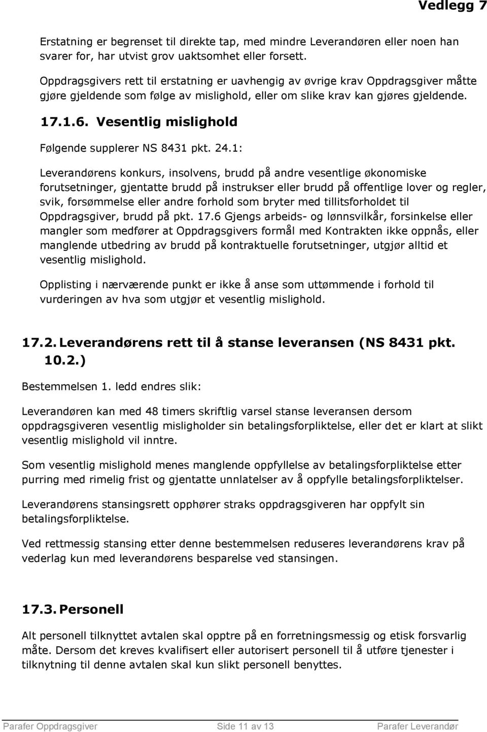 Vesentlig mislighold Følgende supplerer NS 8431 pkt. 24.