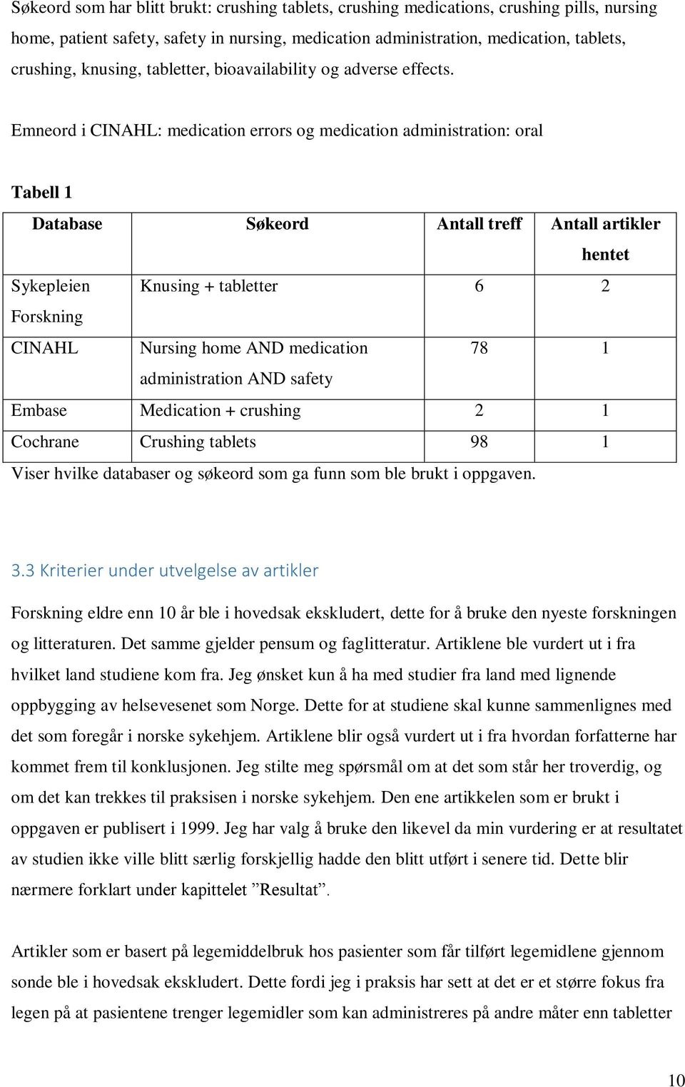 Emneord i CINAHL: medication errors og medication administration: oral Tabell 1 Database Søkeord Antall treff Antall artikler hentet Sykepleien Knusing + tabletter 6 2 Forskning CINAHL Nursing home