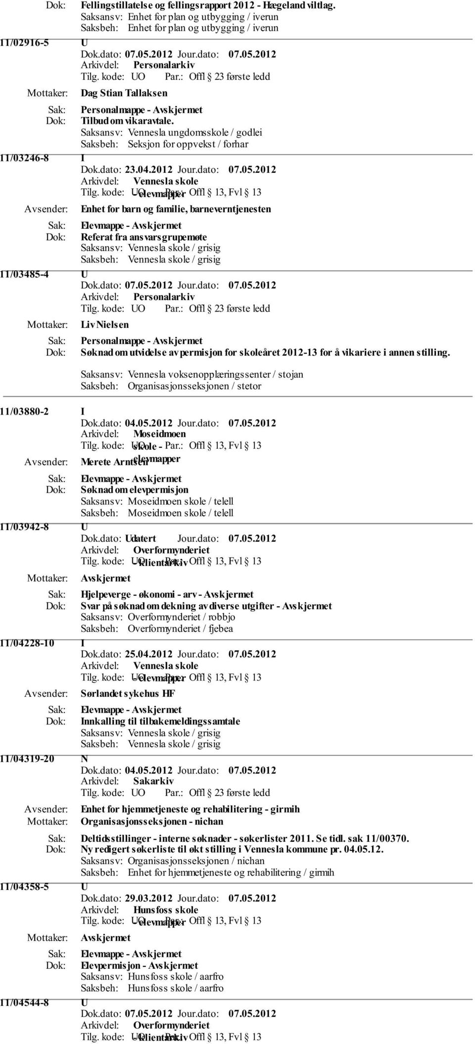 Saksbeh: Seksjon for oppvekst / forhar 11/03246-8 I Dok.dato: 23.04.2012 Jour.dato: 07.05.2012 Arkivdel: Vennesla skole Tilg.