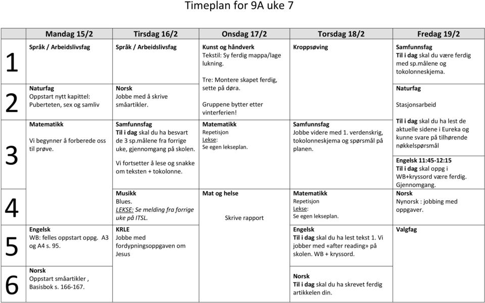 LEKSE: Se melding fra forrige uke på ITSL. fordypningsoppgaven om Jesus Mat og Skrive rapport Kroppsøving Jobbe videre med. verdenskrig, tokolonneskjema og spørsmål på planen.