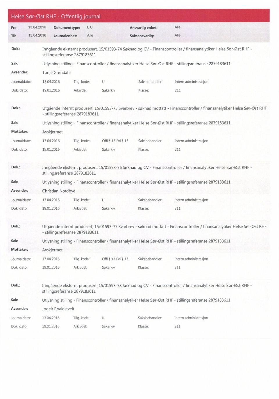 : Utgående internt produsert, 15/01593-75 Svarbrev - søknad mottatt - Finanscontroller / finansanalytiker Helse Sør-Øst RHF - Dok. dato: 19.01.2016 Arkivdel: Sakarkiv Klasse: 211 Dok.