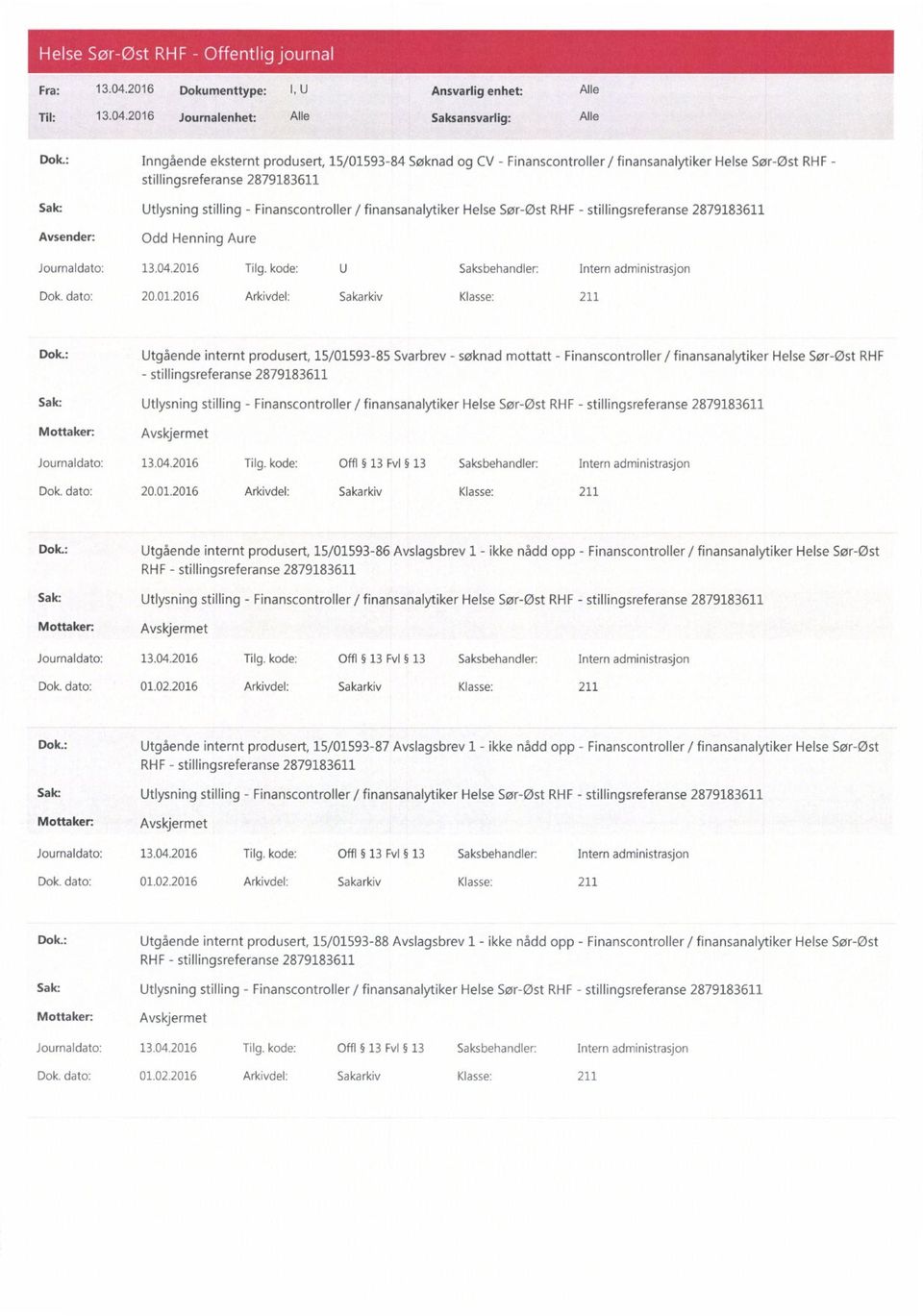 2016 Tilg. kode: Offl 13 Evl 13 Saksbehandler: Intern administrasjon Dok. dato: 20.01.2016 Arkivdel: Sakarkiv Klasse: 211 Dok.